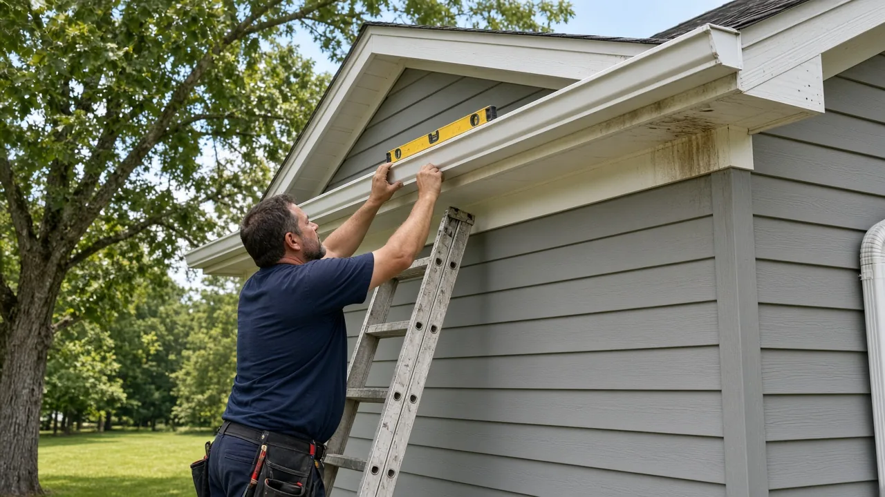 Technician re-pitching a white seamless gutter on a Chattanooga ranch
