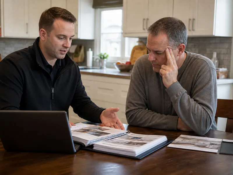 Door-to-door salesperson running a long kitchen-table pitch